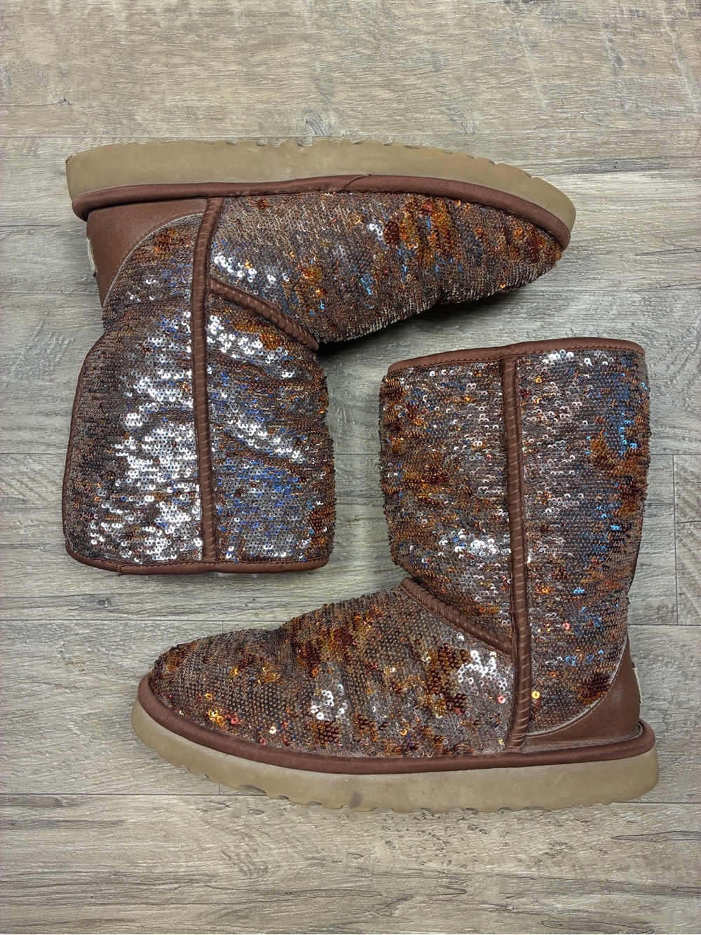 UGG Sequin Encrusted Bronze Sheepskin Lined Short Classic Boots